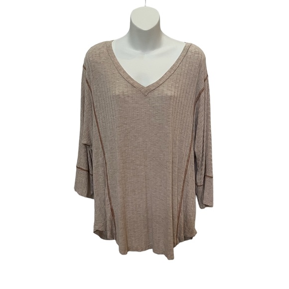 V-neck ribbed, tan top with brown stitching - Picture 1 of 7